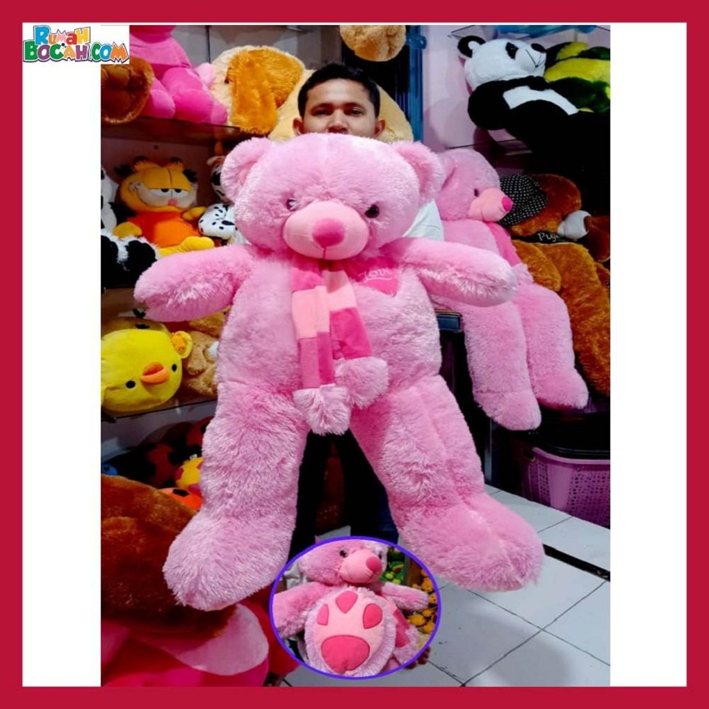 Mainan Kado Ulang Tahun Anak Sahabat Pacar Remaja Perempuan Cewek Boneka Jumbo Besar Beruang Bear Syal Love Telapak Pink-min