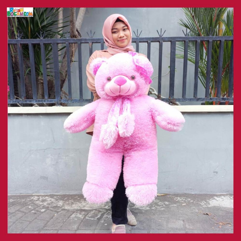 Mainan Kado Ulang Tahun Anak Sahabat Pacar Remaja Perempuan Cewek Boneka Jumbo Besar Teddy Bear Beruang Pink Syal Topi xl-min