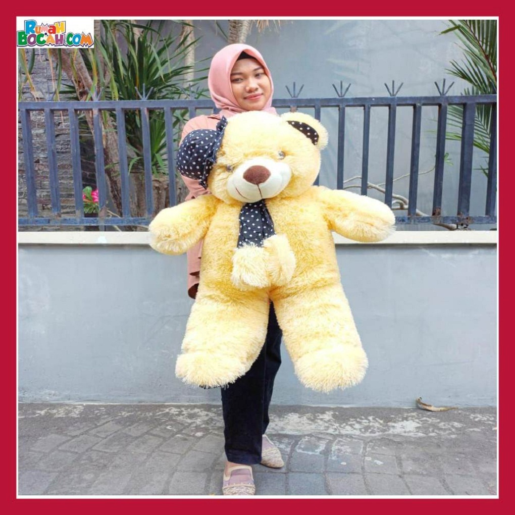 Mainan Kado Ulang Tahun Anak Sahabat Pacar Remaja Perempuan Cewek Boneka Jumbo Besar Teddy Bear Beruang Cream Topi Syal XL-min