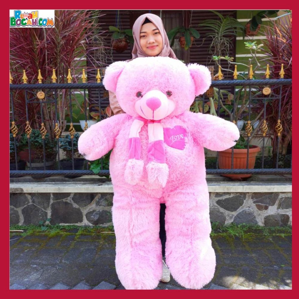 Mainan Kado Ulang Tahun Anak Sahabat Pacar Remaja Perempuan Cewek Boneka Jumbo Besar Teddy Bear Beruang Syal Love Telapak Pink-min