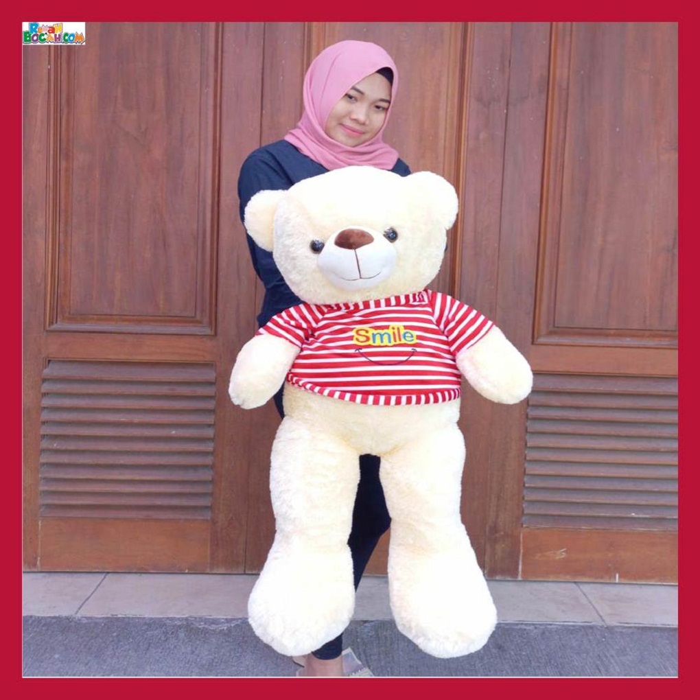 Mainan Kado Ulang Tahun Sahabat Pacar Remaja Anak Perempuan Cewek Boneka Jumbo Besar Teddy Bear Beruang Cream Monic Tshirt-min