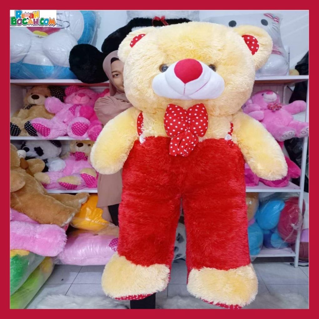 Mainan Kado Ulang Tahun Sahabat Pacar Remaja Anak Perempuan Cewek Boneka Jumbo Besar Teddy Bear Beruang 1 Meter Jojon Merah Cream Bungkus Kado-min
