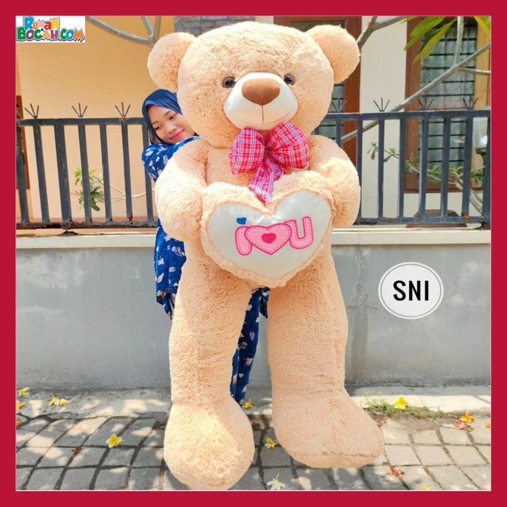 Kado Ulang Tahun Anniversary Pernikahan Sahabat Pacar Remaja Anak Perempuan Cewek Putri Boneka Jumbo Besar Teddy Bear Beruang Smile Love Caramel 1,2 Meter Bungkus Kado-min