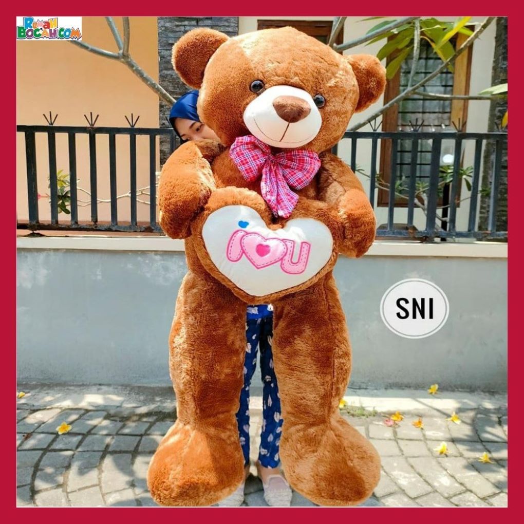 Kado Ulang Tahun Anniversary Pernikahan Sahabat Pacar Remaja Anak Perempuan Cewek Putri Boneka Jumbo Besar Teddy Bear Beruang Smile Love Coklat 1,2 Meter Bungkus Kado-min
