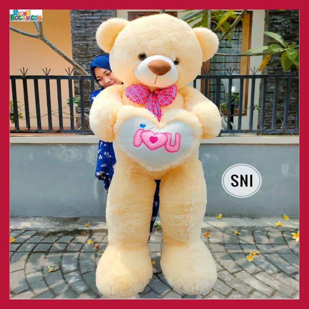 Kado Ulang Tahun Anniversary Pernikahan Sahabat Pacar Remaja Anak Perempuan Cewek Putri Boneka Jumbo Besar Teddy Bear Beruang Smile Love Cream 1,2 Meter Bungkus Kado-min