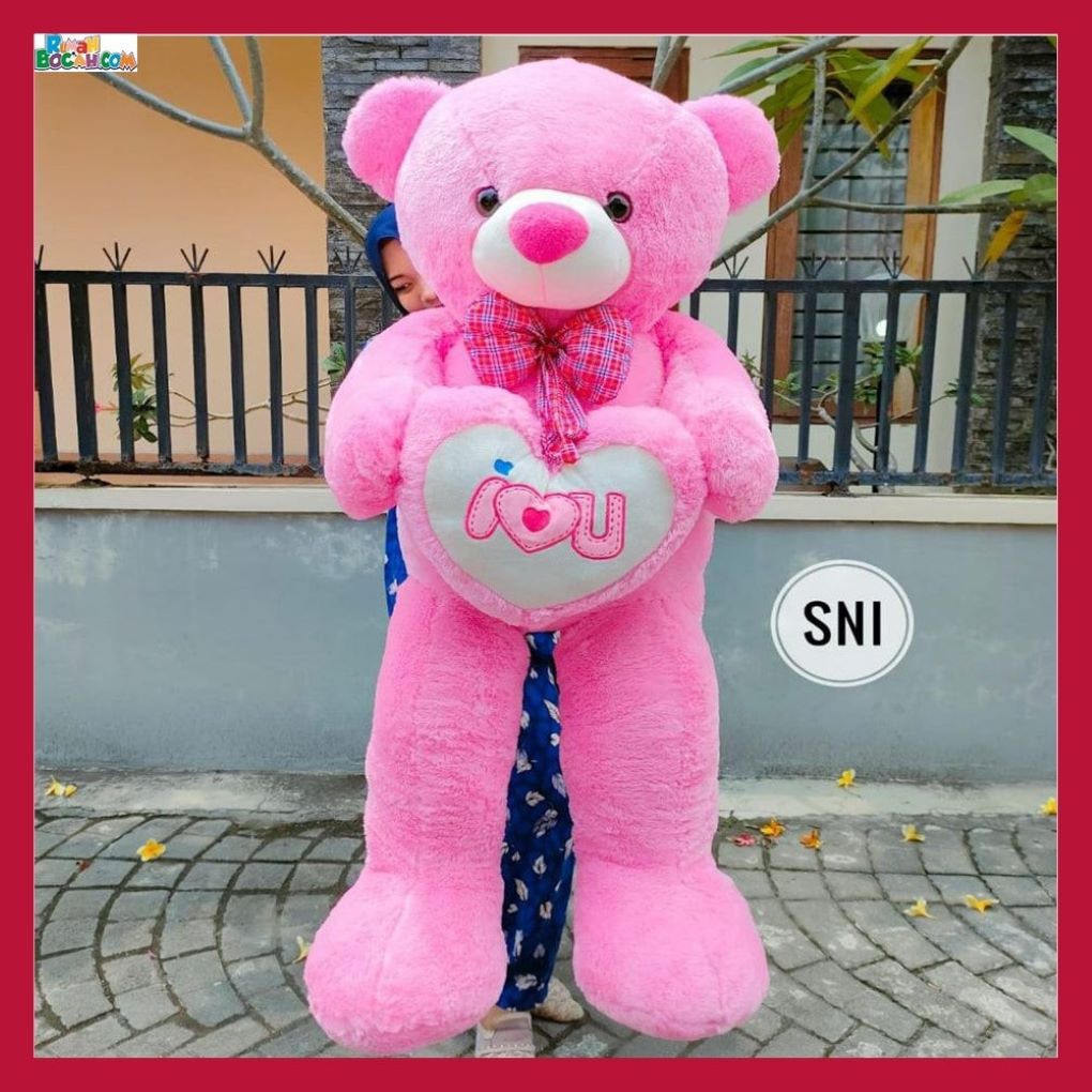 Kado Ulang Tahun Anniversary Pernikahan Sahabat Pacar Remaja Anak Perempuan Cewek Putri Boneka Jumbo Besar Teddy Bear Beruang Smile Love Pink 1,2 Meter Bungkus Kado-min
