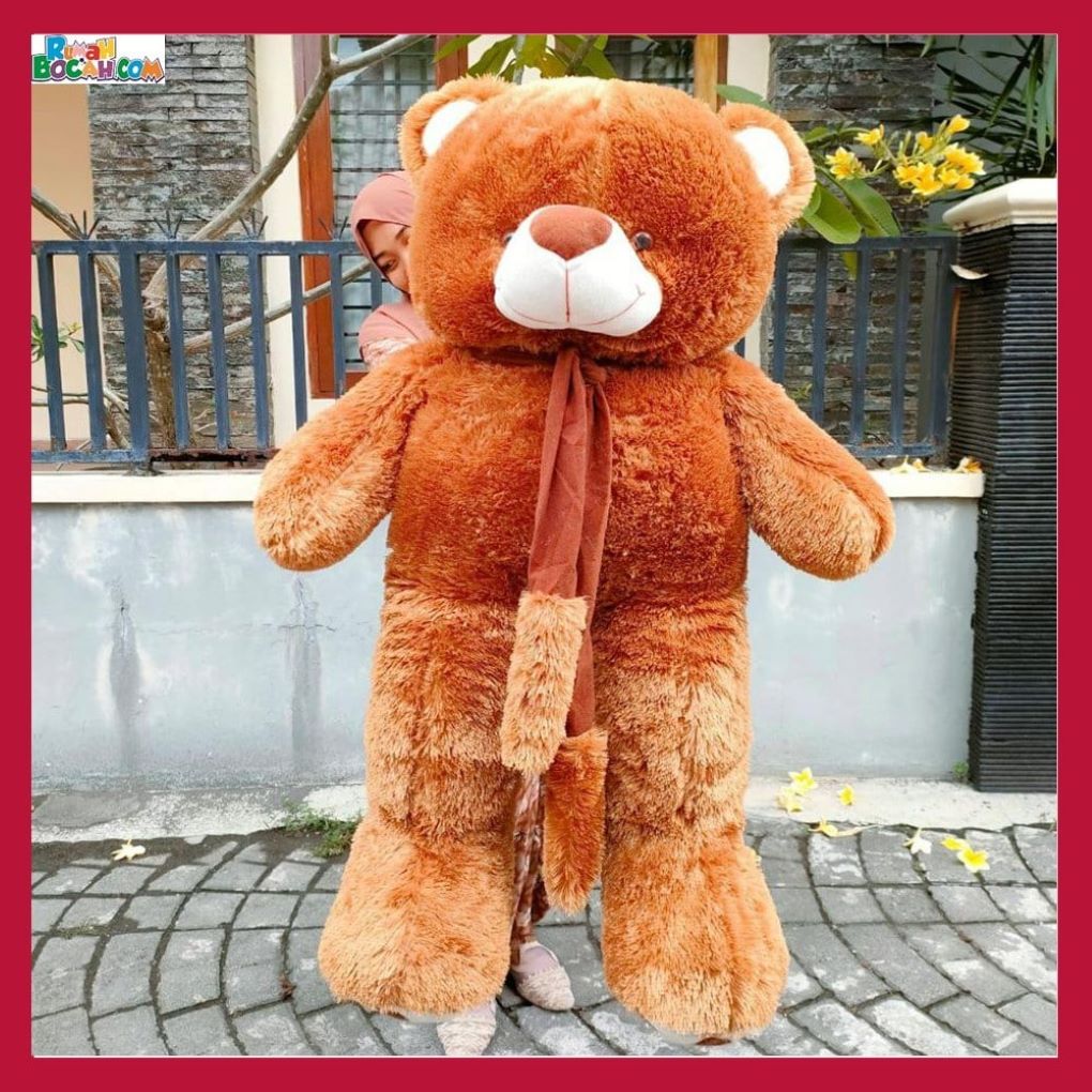 Kado Ulang Tahun Anniversary Istri Sahabat Pacar Remaja Anak Perempuan Cewek Putri Boneka Jumbo Besar Teddy Bear Beruang Syal Telapak Coklat 1,2 Meter Bungkus Kado new coklat-min
