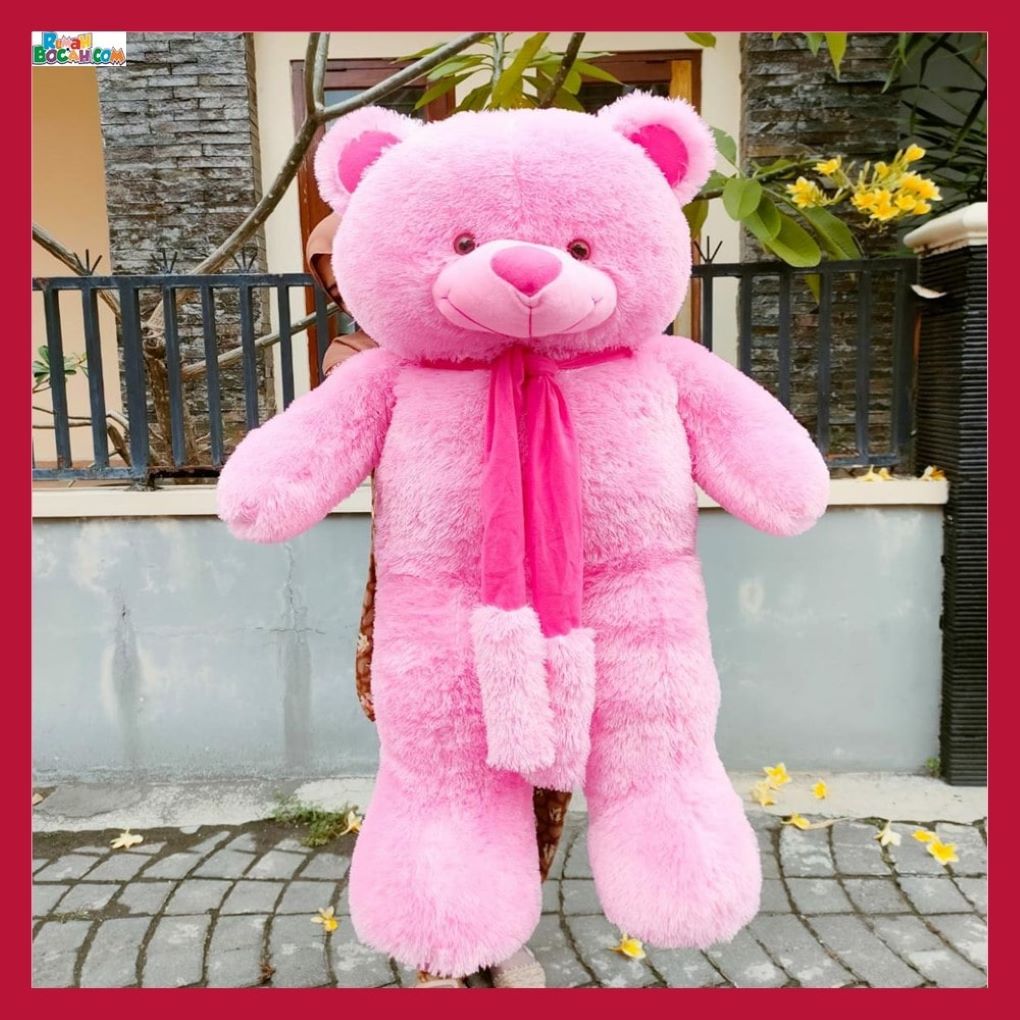 Kado Ulang Tahun Anniversary Istri Sahabat Pacar Remaja Anak Perempuan Cewek Putri Boneka Jumbo Besar Teddy Bear Beruang Syal Telapak 1,2 Meter Pink Bungkus Kado-min