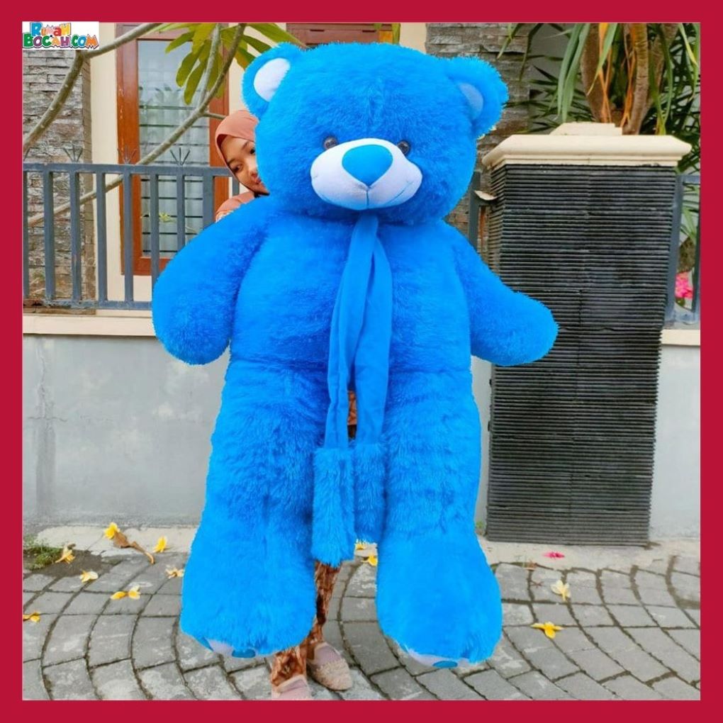Kado Ulang Tahun Anniversary Istri Sahabat Pacar Remaja Anak Perempuan Cewek Putri Boneka Jumbo Besar Teddy Bear Beruang Syal Telapak Biru 1,2 Meter Bungkus Kado-min