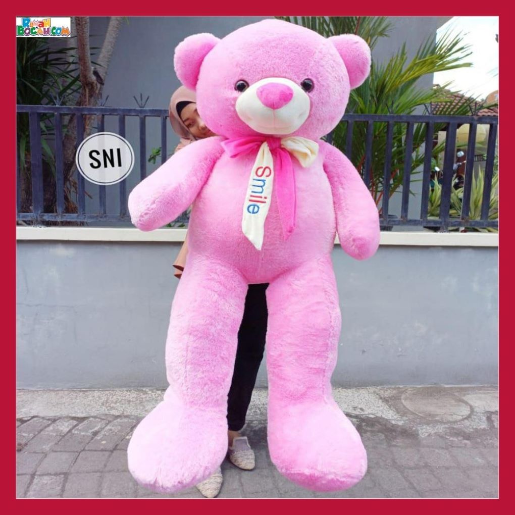 Kado Ulang Tahun Anniversary Pernikahan Anak Sahabat Pacar Remaja Perempuan Cewek Putri Boneka Jumbo Besar Teddy Bear Beruang Smile Pink 1,2 Meter SNI Bungkus Kado-min