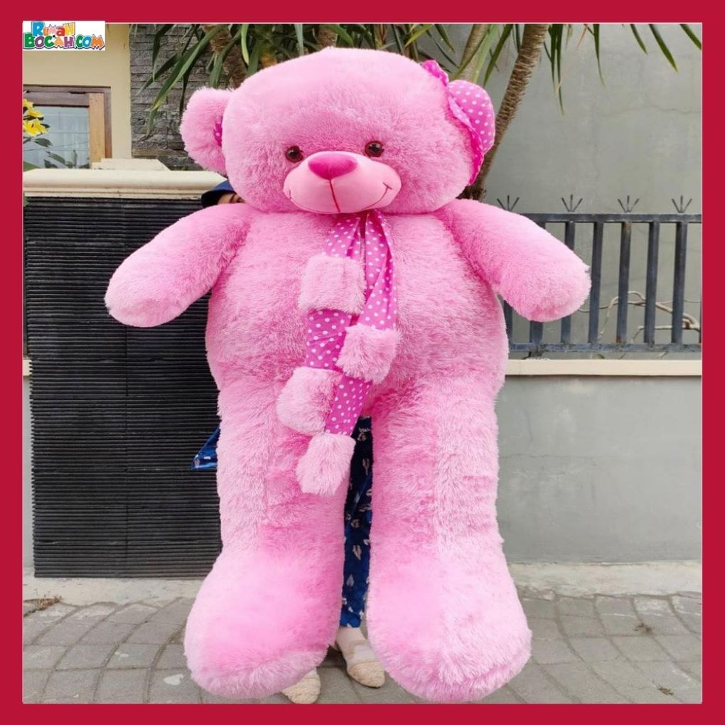 Kado Ulang Tahun Anniversary Pernikahan Sahabat Pacar Anak Remaja Perempuan Cewek Putri Boneka Jumbo Besar 1,5 meter Beruang Teddy Bear Syal Topi SPJ Pink Bungkus Kado-min