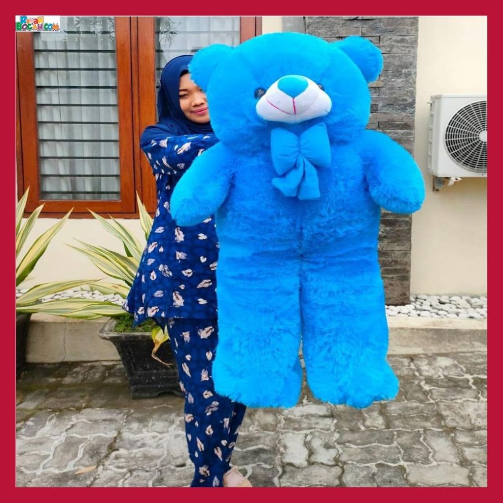 Kado Ulang Tahun Anniversary Pernikahan Anak Remaja Sahabat Pacar Perempuan Cewek Putri Boneka Besar Jumbo Bear Beruang Sujum 1 Meter Biru Bungkus Kado-min