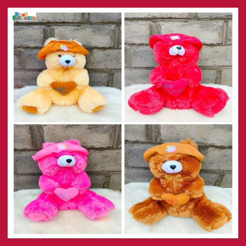 Kado Ulang Tahun Anak Remaja Sahabat Pacar Perempuan Cewek Putri Boneka Bear Beruang Topi L 50 cm Coklat Kuning Pink Merah Bungkus Kado-min