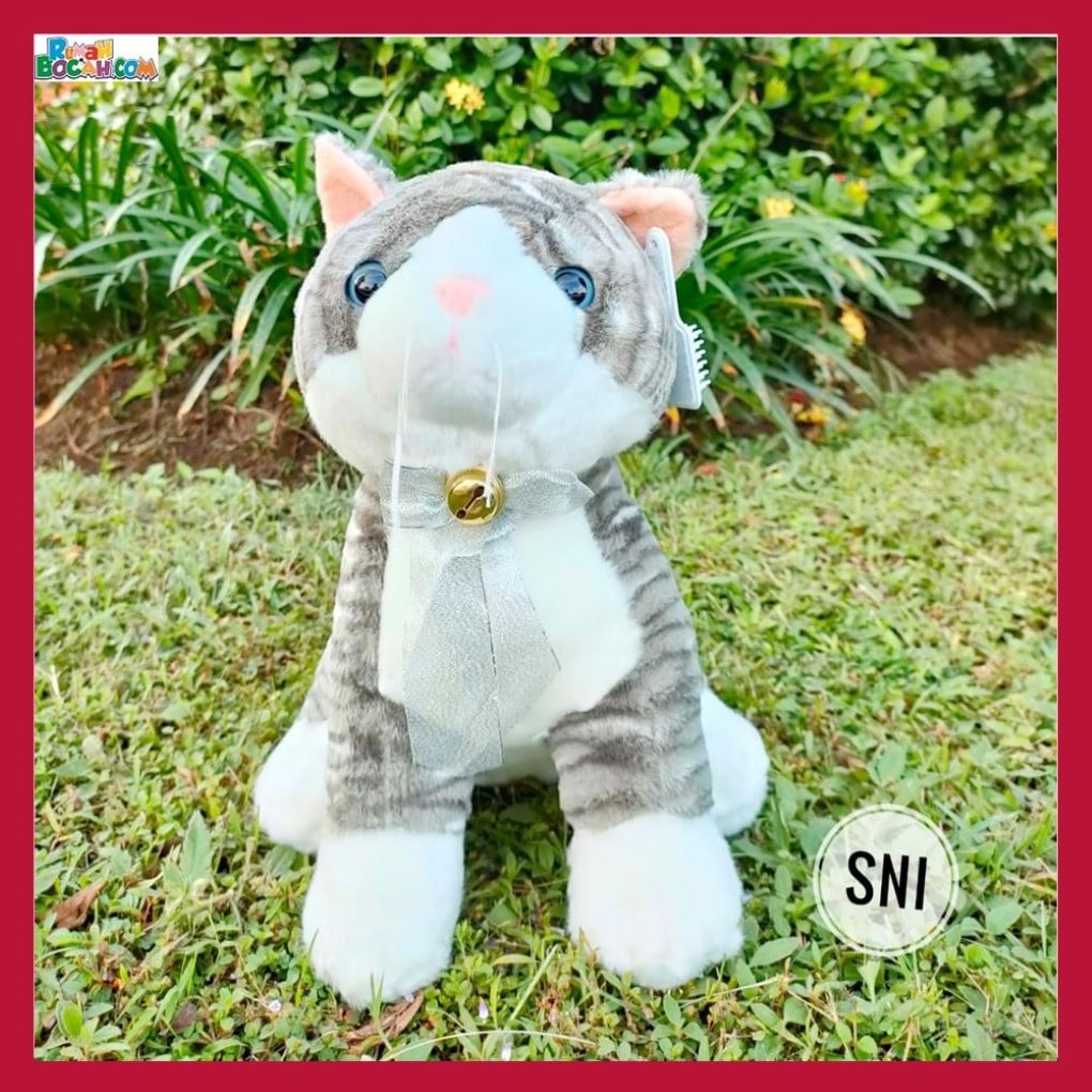 Kado Ulang Tahun Anniversary Pernikahan Anak Sahabat Pacar Remaja Perempuan Cewek Putri Boneka Hewan Binatang Kucing Duduk Sisir Sitting Cat Comb Abu SNI 38 cm Bungkus Kado 2-min